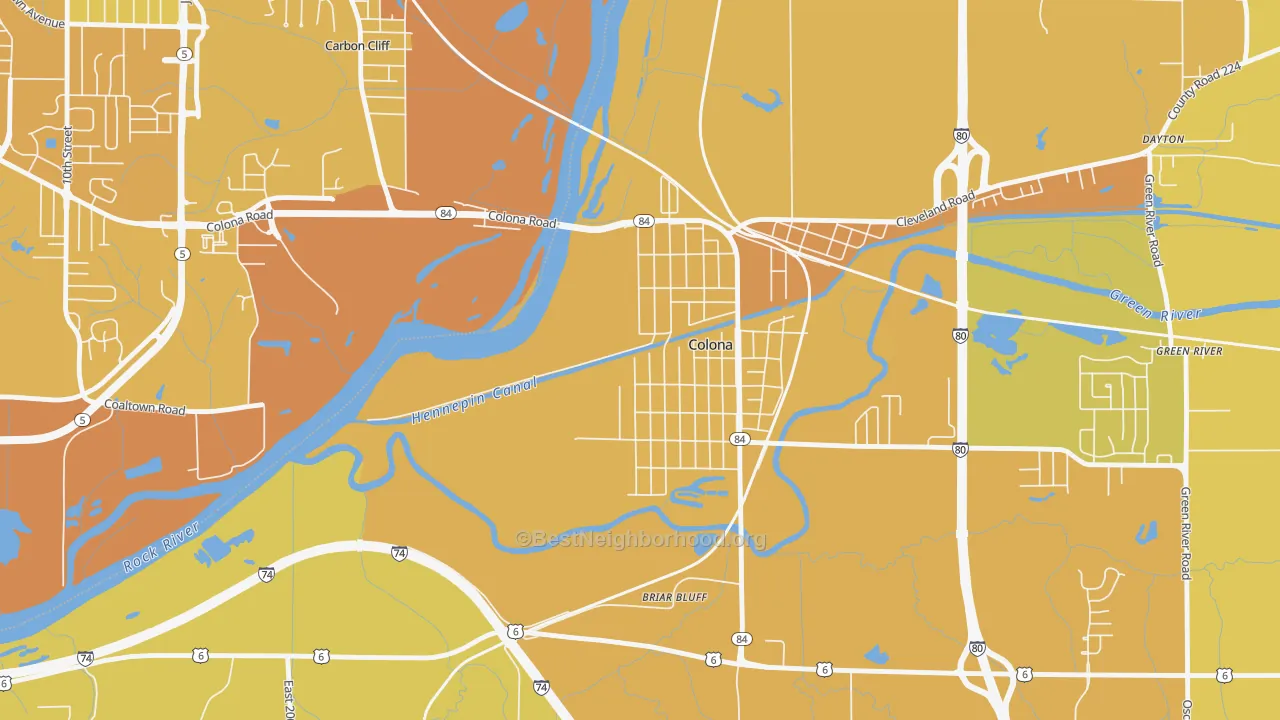 Map of the best neighborhoods in the Green Rock area, with better matches in green and worse matches in red