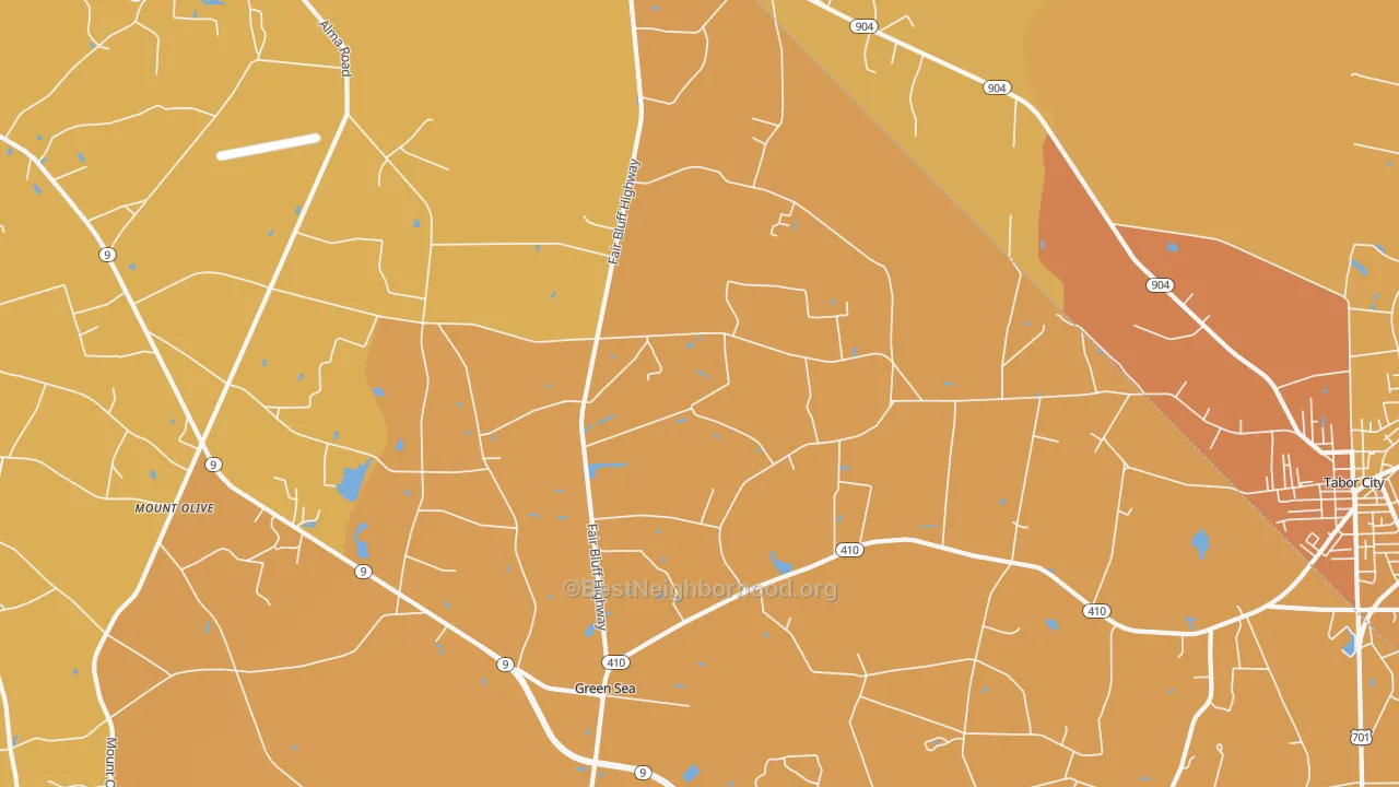 Map of the best neighborhoods in the Green Sea area, with better matches in green and worse matches in red