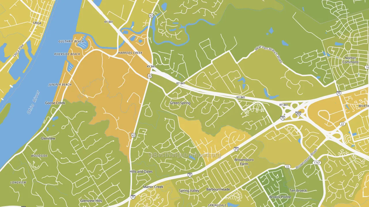 Map of the best neighborhoods in the Green Spring area, with better matches in green and worse matches in red