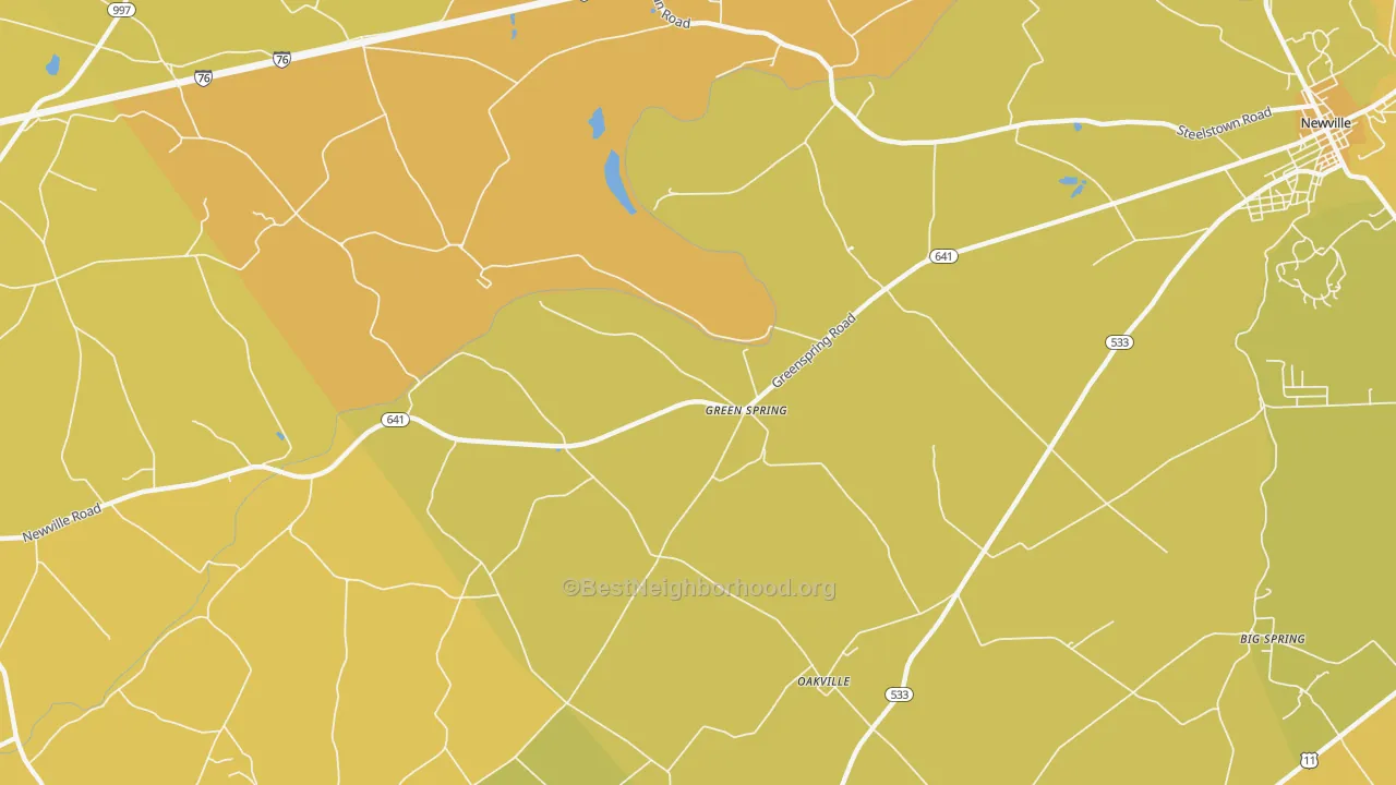 Map of the best neighborhoods in the Green Spring area, with better matches in green and worse matches in red