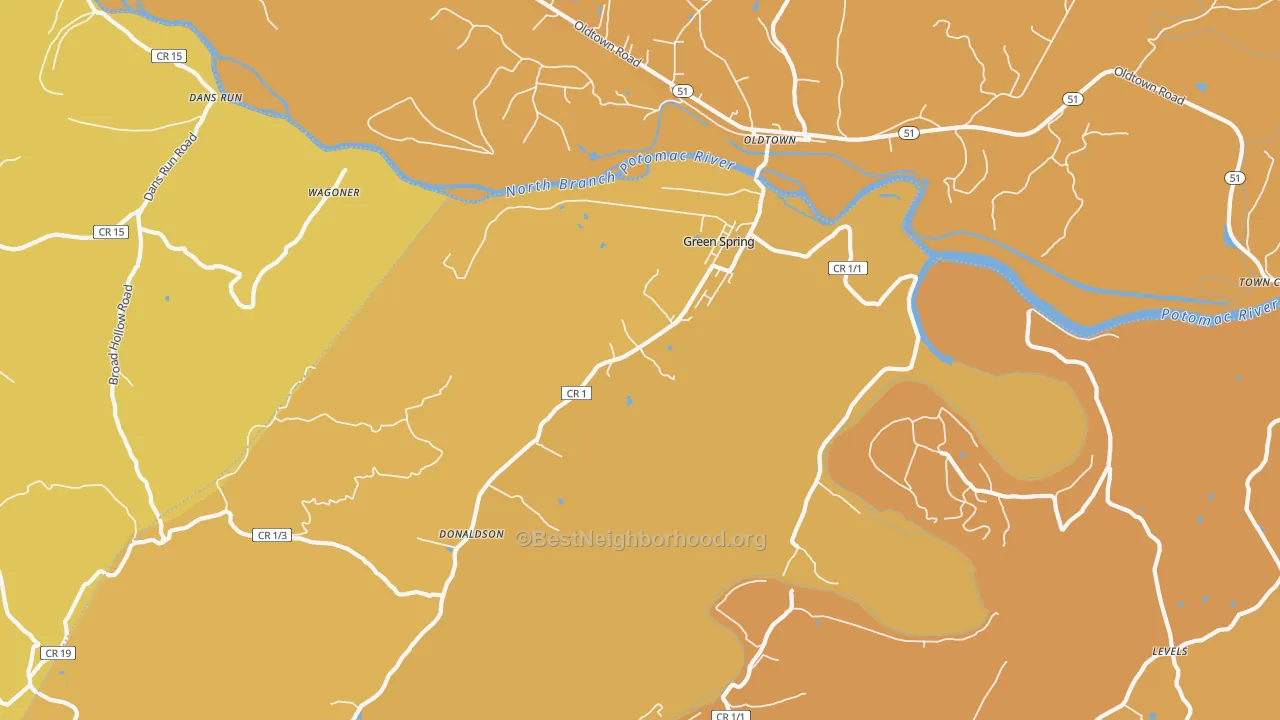 Map of the best neighborhoods in the Green Spring area, with better matches in green and worse matches in red