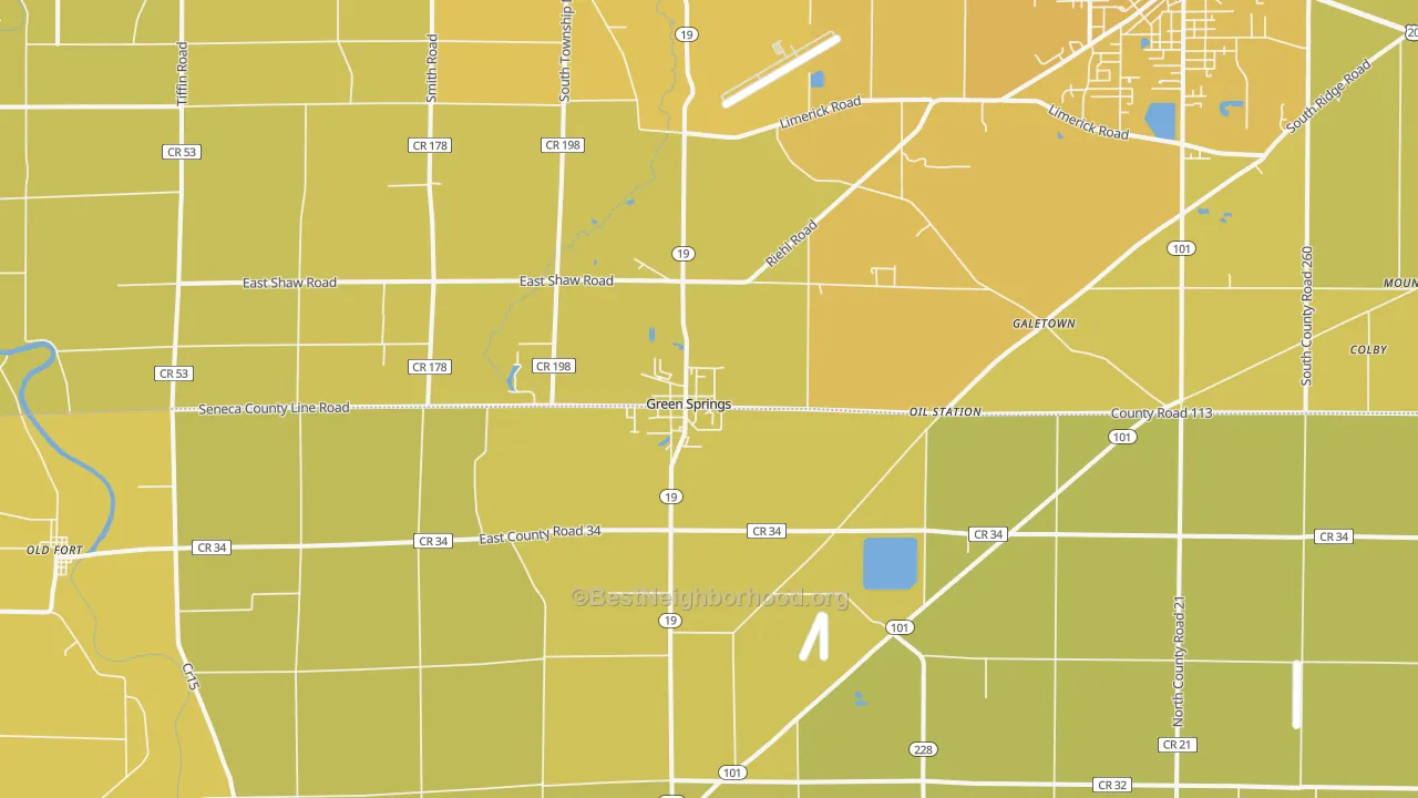 Map of the best neighborhoods in the Green Springs area, with better matches in green and worse matches in red