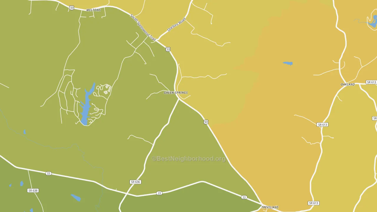 Map of the best neighborhoods in the Green Springs area, with better matches in green and worse matches in red
