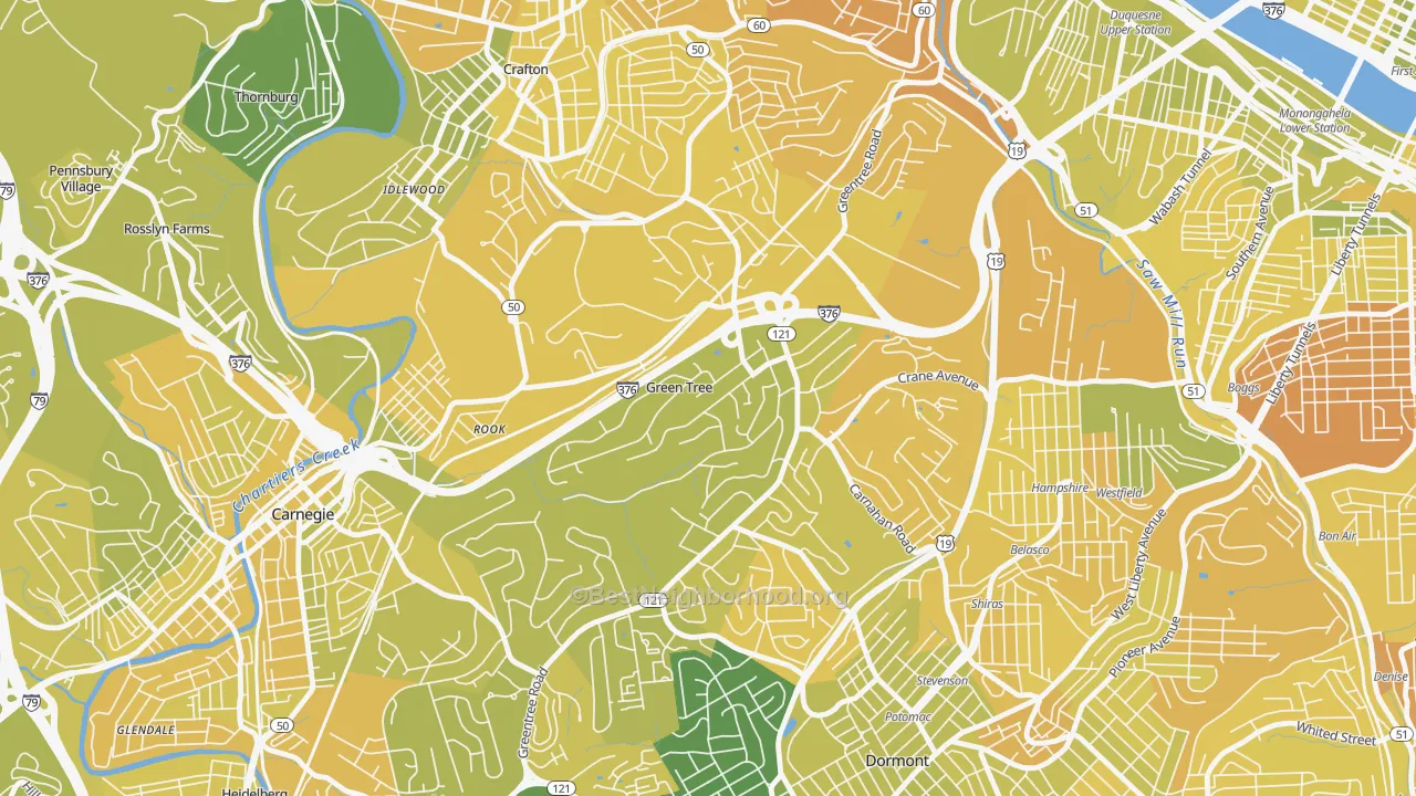 Map of the best neighborhoods in the Green Tree area, with better matches in green and worse matches in red