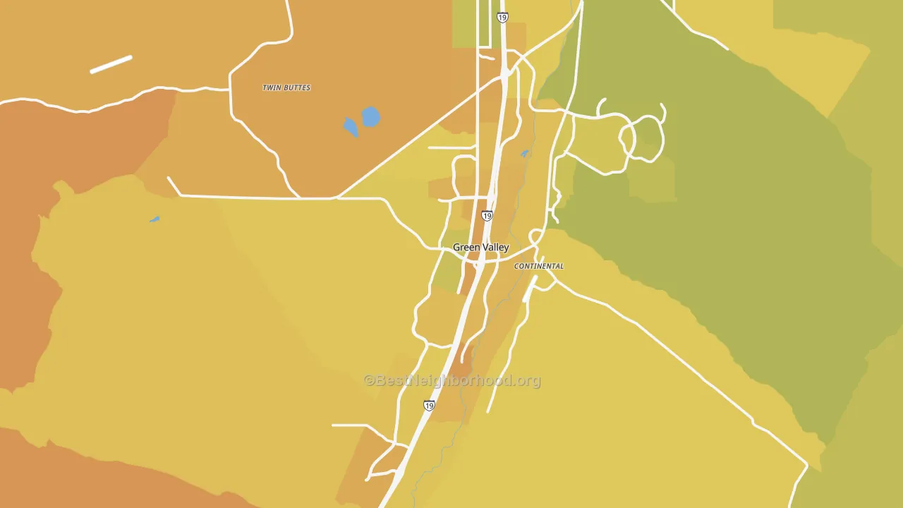 Map of the best neighborhoods in the Green Valley area, with better matches in green and worse matches in red
