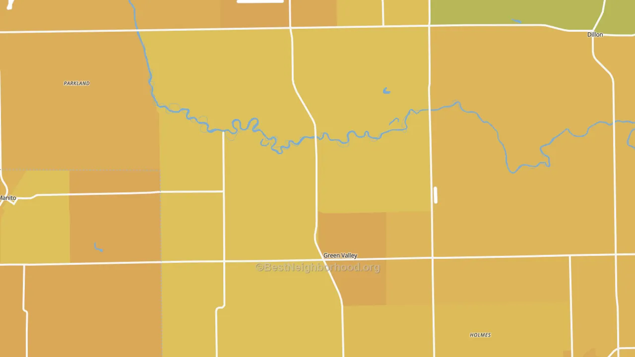 Map of the best neighborhoods in the Green Valley area, with better matches in green and worse matches in red