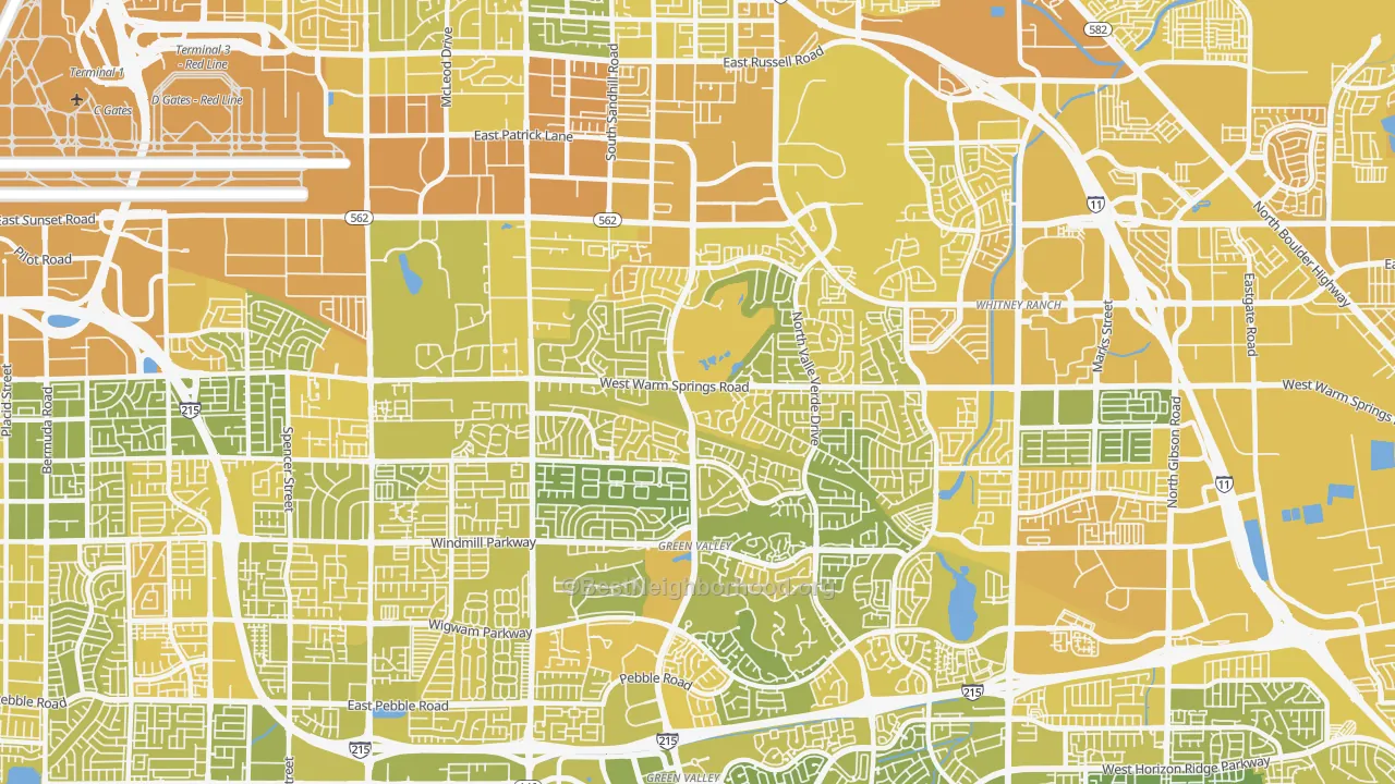 Map of the best neighborhoods in the Green Valley North, Henderson area, with better matches in green and worse matches in red