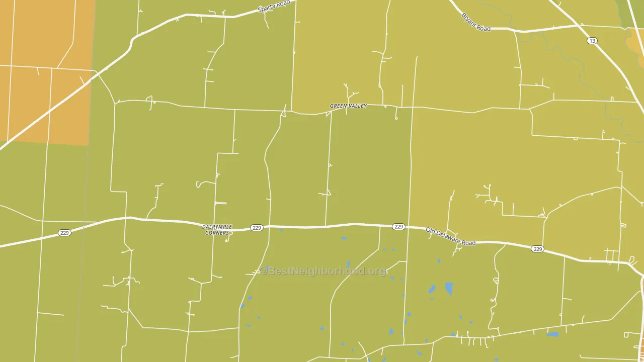 Map of the best neighborhoods in the Green Valley area, with better matches in green and worse matches in red