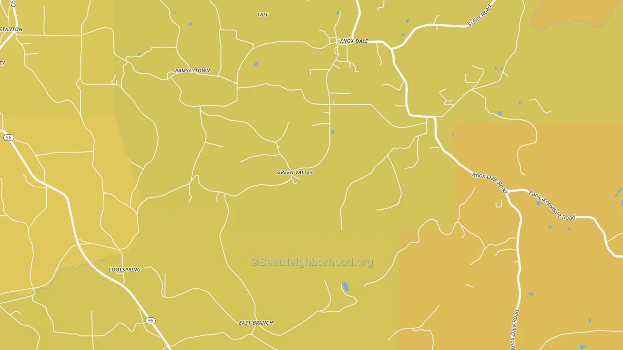 Map of the best neighborhoods in the Green Valley area, with better matches in green and worse matches in red