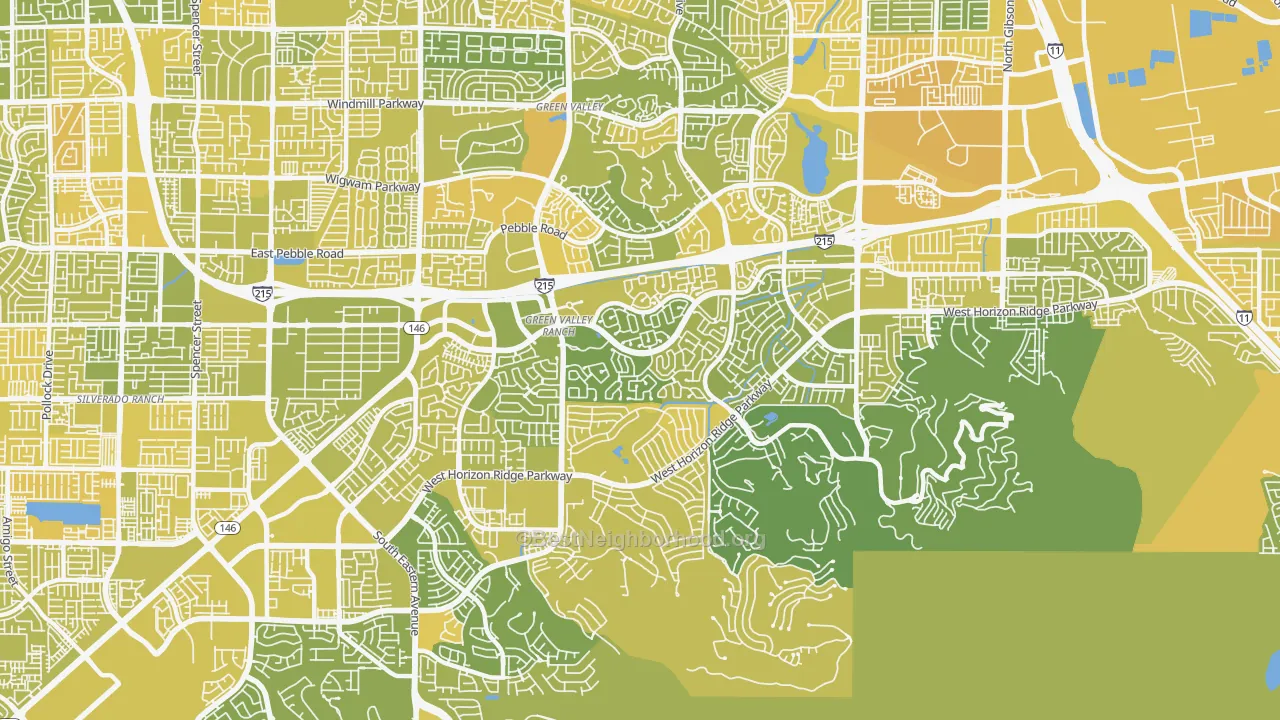 Map of the best neighborhoods in the Green Valley Ranch, Henderson area, with better matches in green and worse matches in red