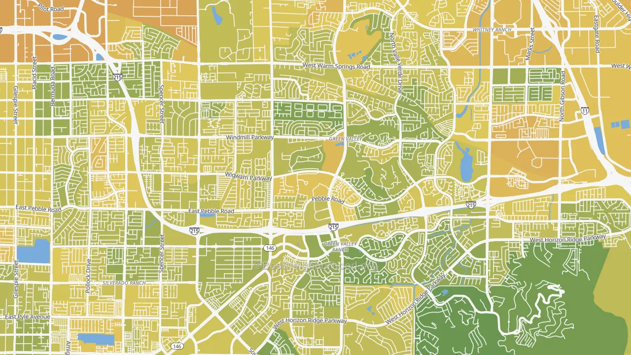 Map of the best neighborhoods in the Green Valley South, Henderson area, with better matches in green and worse matches in red