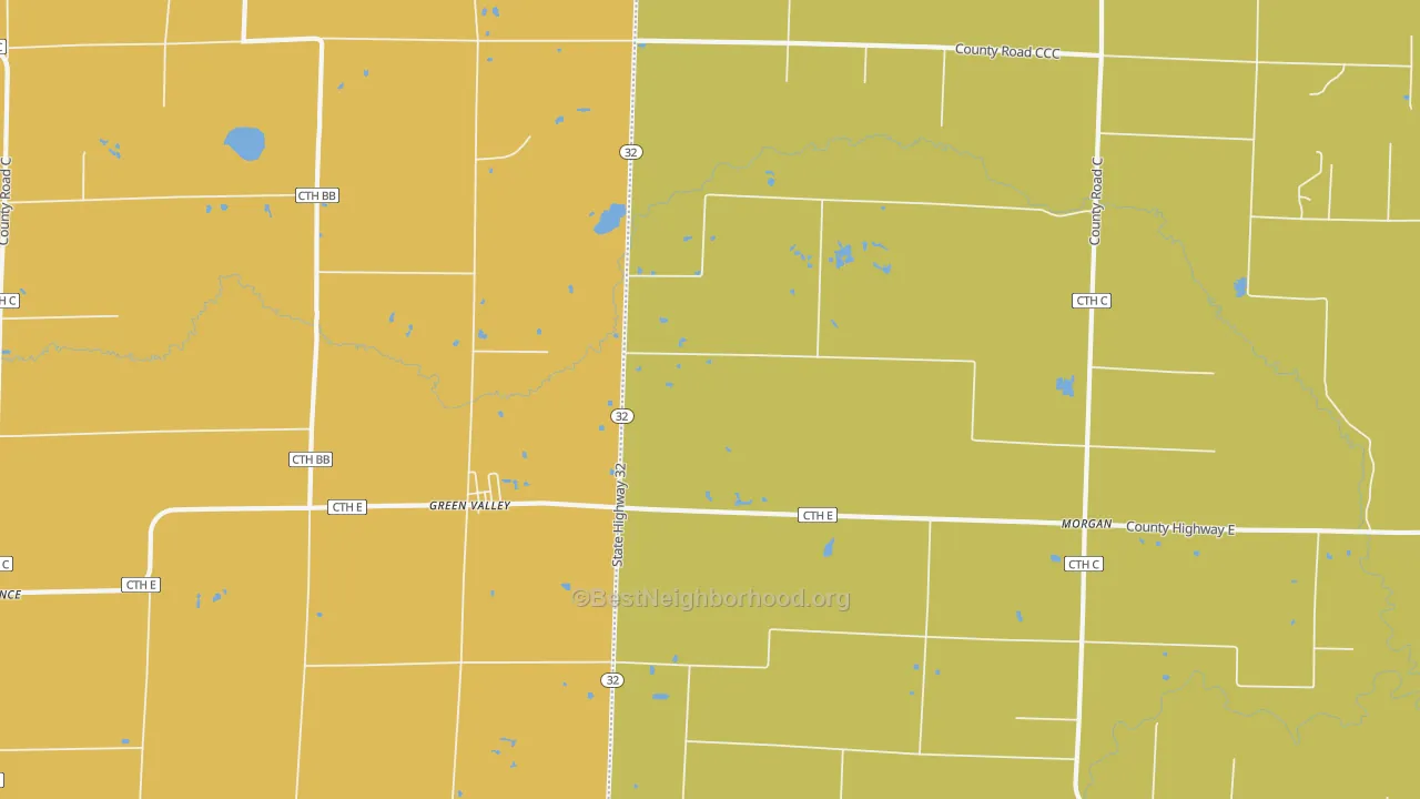Map of the best neighborhoods in the Green Valley area, with better matches in green and worse matches in red