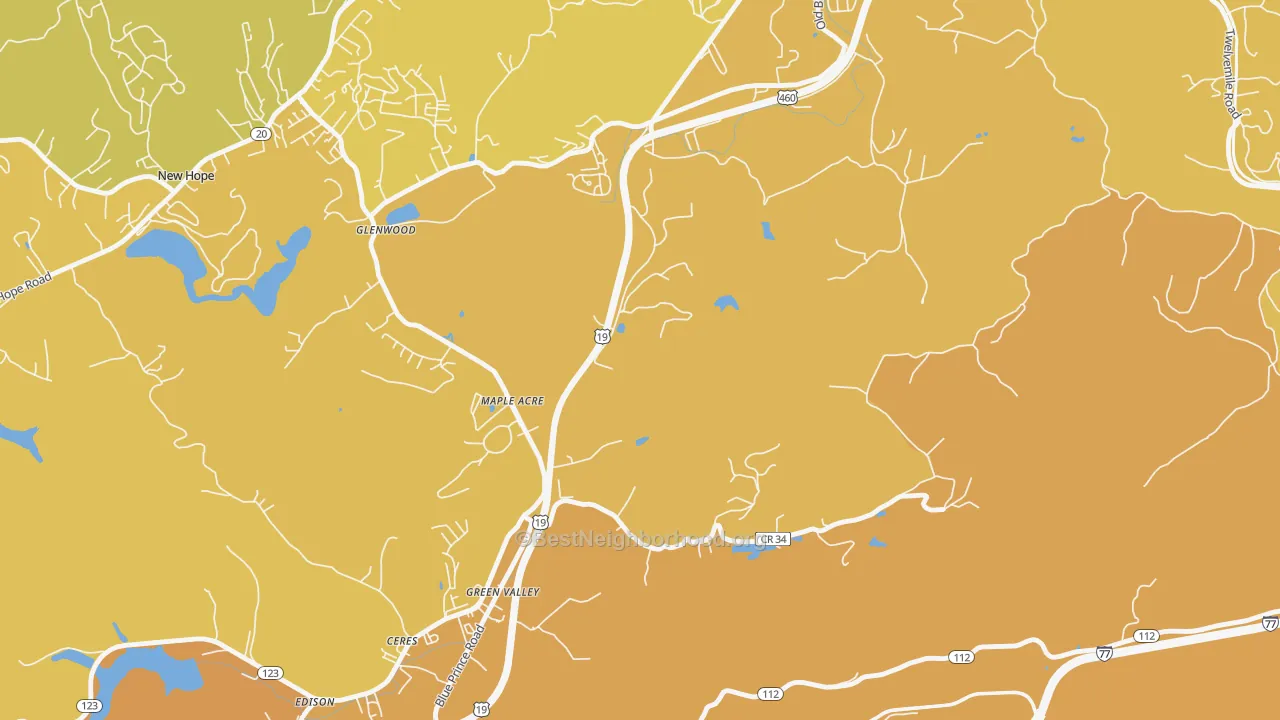 Map of the best neighborhoods in the Green Valley area, with better matches in green and worse matches in red