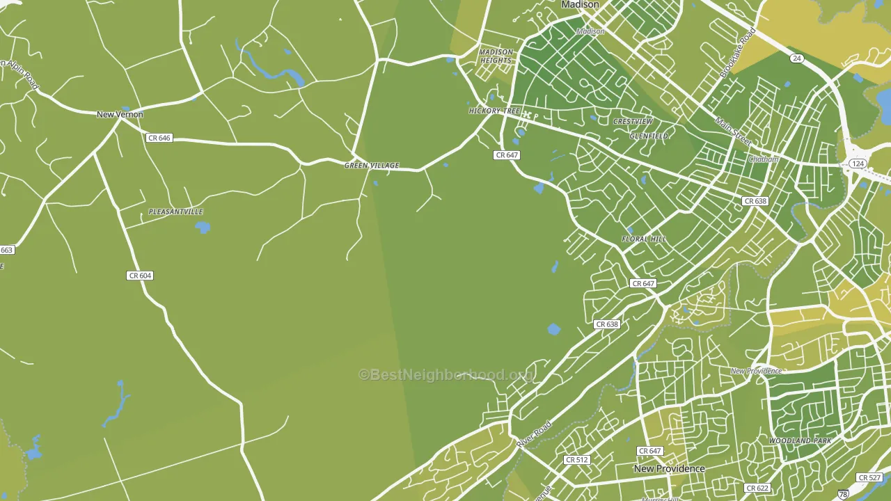 Map of the best neighborhoods in the Green Village area, with better matches in green and worse matches in red