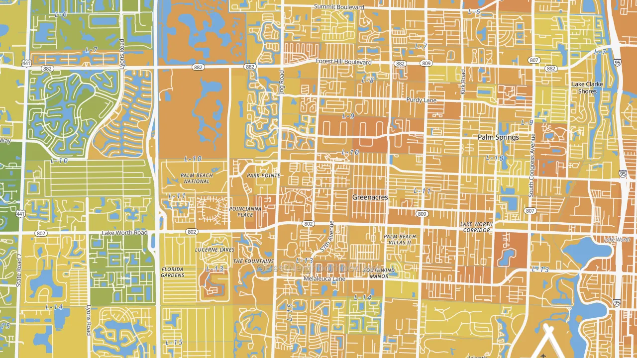 Map of the best neighborhoods in the Greenacres area, with better matches in green and worse matches in red