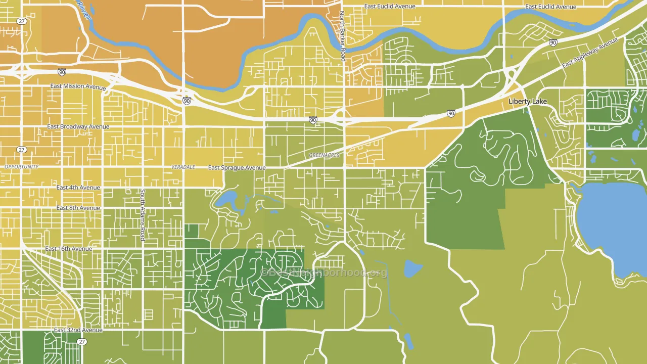 Map of the best neighborhoods in the Greenacres area, with better matches in green and worse matches in red