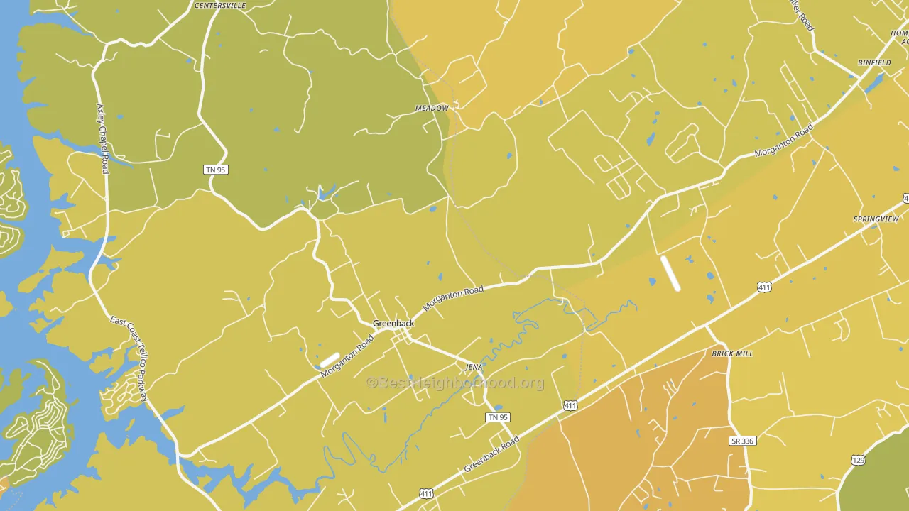 Map of the best neighborhoods in the Greenback area, with better matches in green and worse matches in red