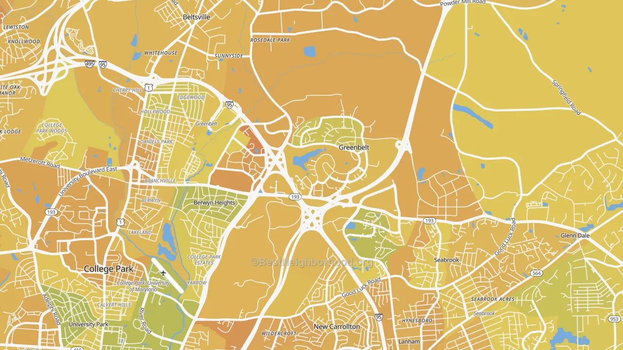 Map of the best neighborhoods in the Greenbelt area, with better matches in green and worse matches in red
