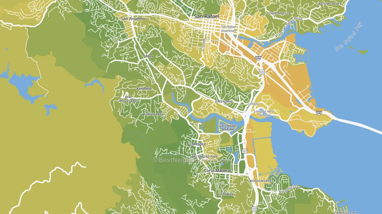 Map of the best neighborhoods in the Greenbrae area, with better matches in green and worse matches in red