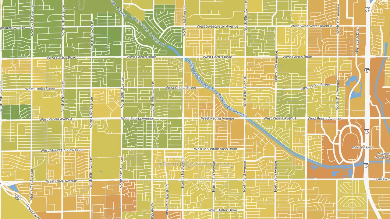 Map of the best neighborhoods in the Greenbriar, Glendale area, with better matches in green and worse matches in red