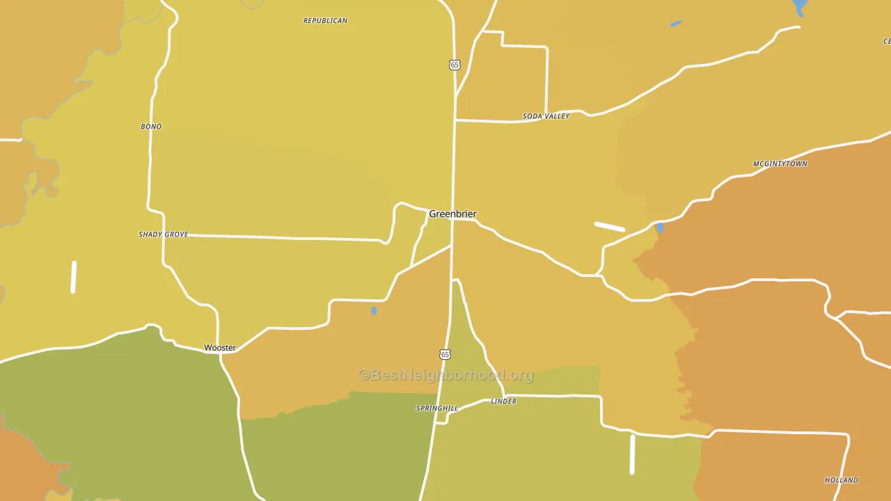Map of the best neighborhoods in the Greenbrier area, with better matches in green and worse matches in red