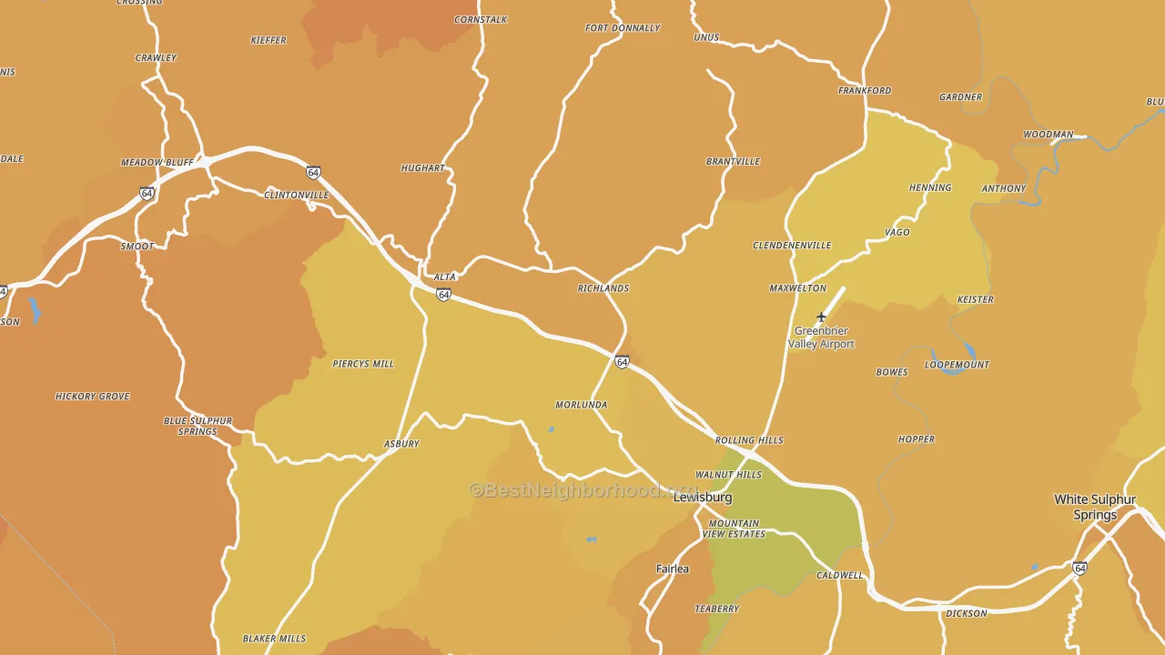 Map of the best neighborhoods in the Greenbrier County area, with better matches in green and worse matches in red