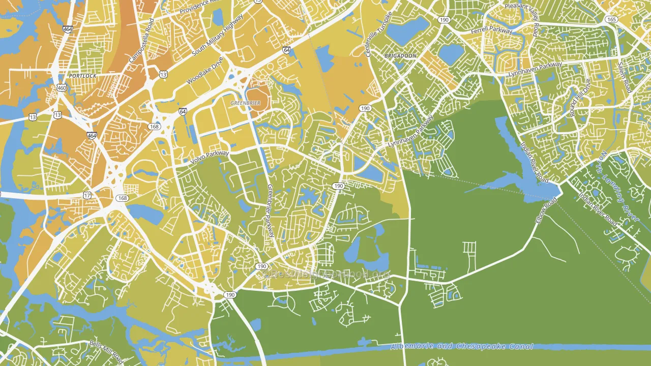 Map of the best neighborhoods in the Greenbrier East, Chesapeake area, with better matches in green and worse matches in red