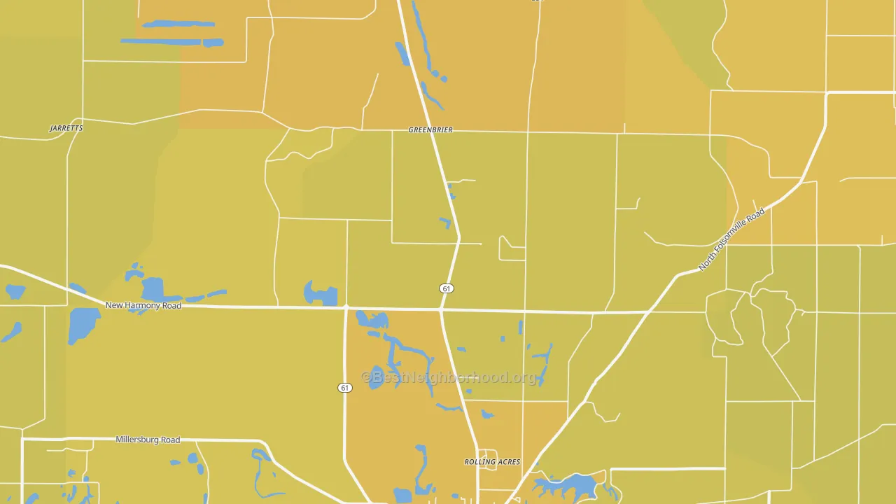Map of the best neighborhoods in the Greenbrier area, with better matches in green and worse matches in red