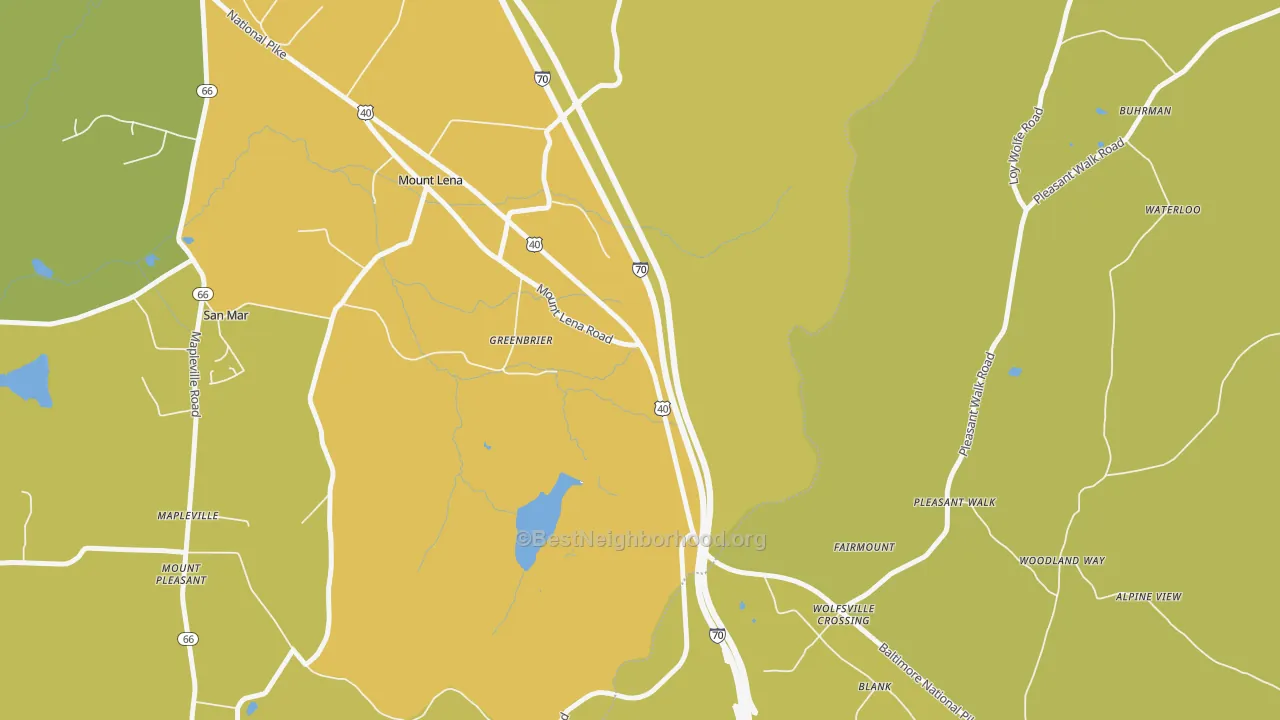Map of the best neighborhoods in the Greenbrier area, with better matches in green and worse matches in red