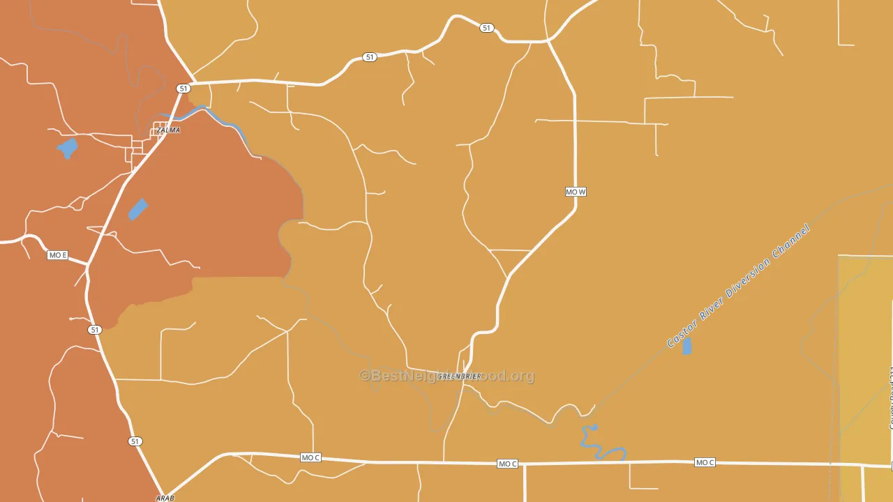 Map of the best neighborhoods in the Greenbrier area, with better matches in green and worse matches in red