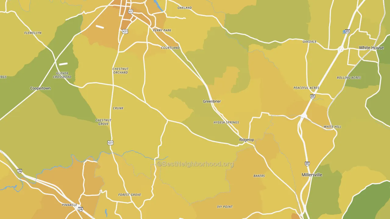 Map of the best neighborhoods in the Greenbrier area, with better matches in green and worse matches in red
