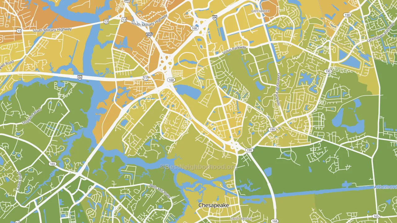 Map of the best neighborhoods in the Greenbrier West, Chesapeake area, with better matches in green and worse matches in red