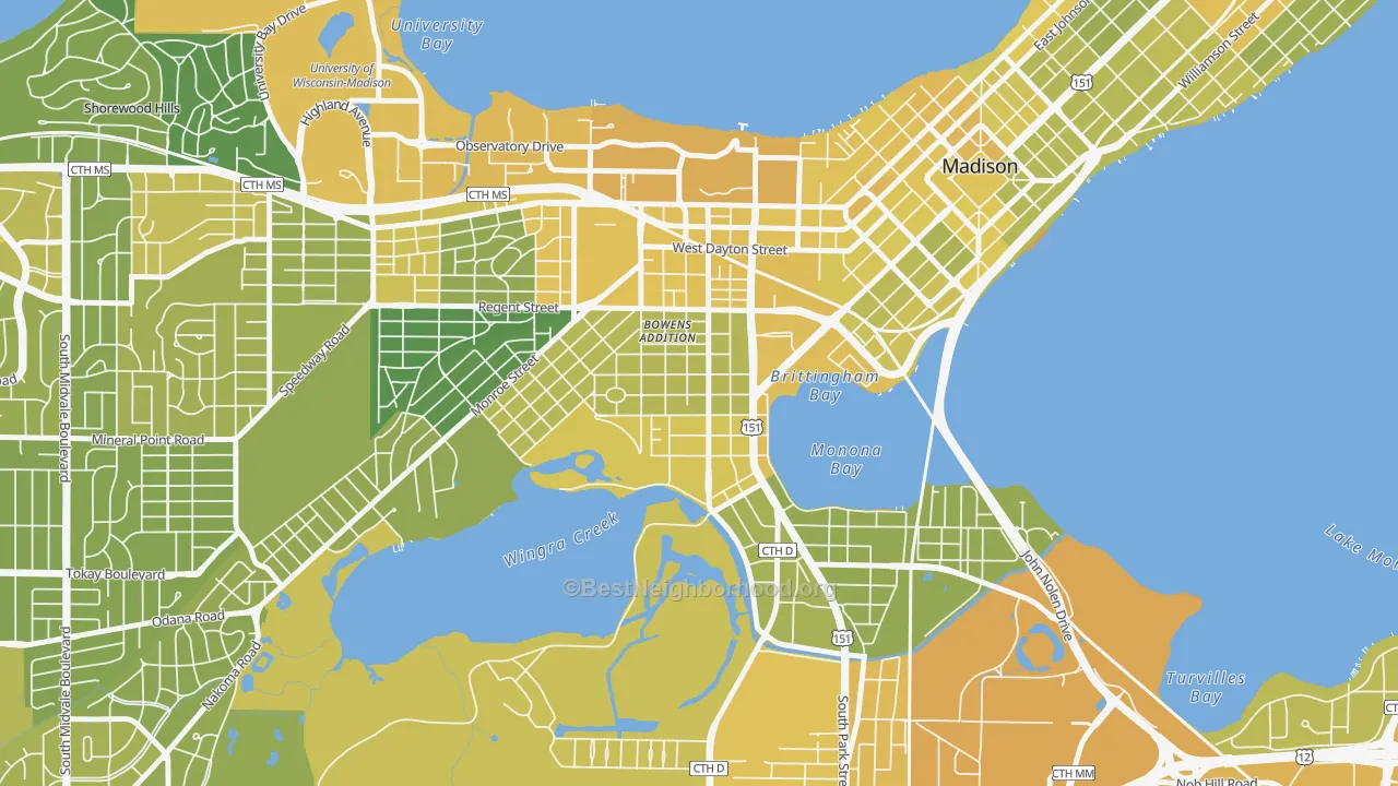 Map of the best neighborhoods in the Greenbush, Madison area, with better matches in green and worse matches in red