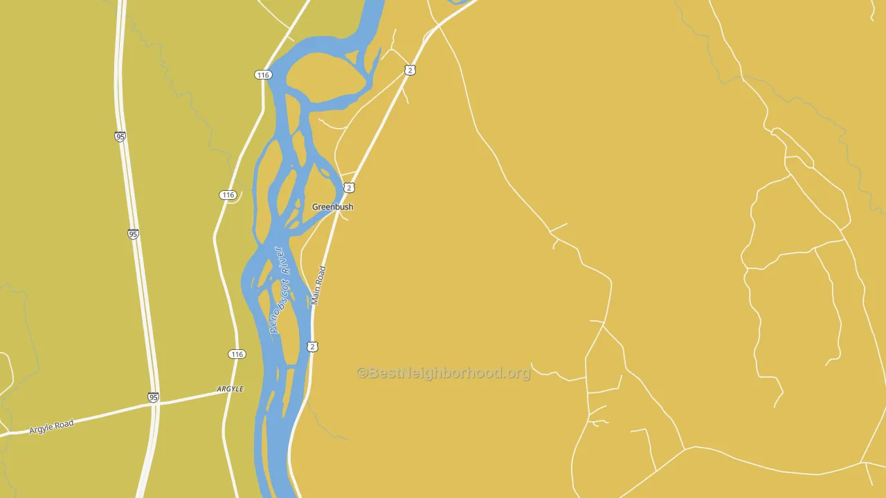 Map of the best neighborhoods in the Greenbush area, with better matches in green and worse matches in red