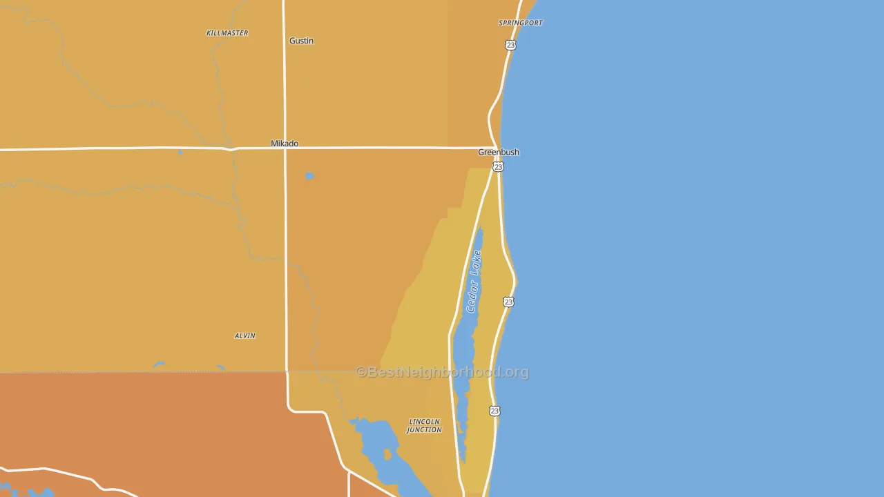 Map of the best neighborhoods in the Greenbush area, with better matches in green and worse matches in red
