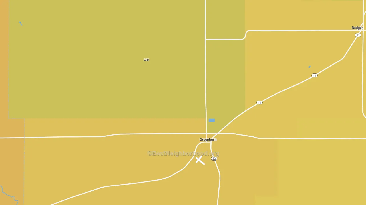 Map of the best neighborhoods in the Greenbush area, with better matches in green and worse matches in red