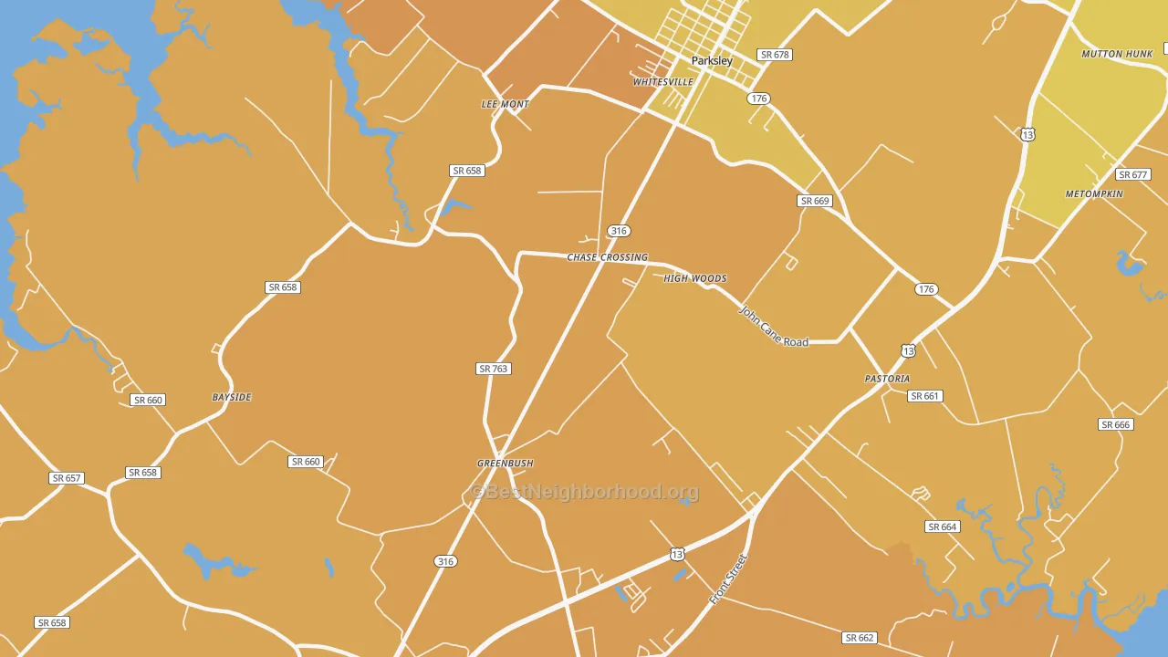 Map of the best neighborhoods in the Greenbush area, with better matches in green and worse matches in red
