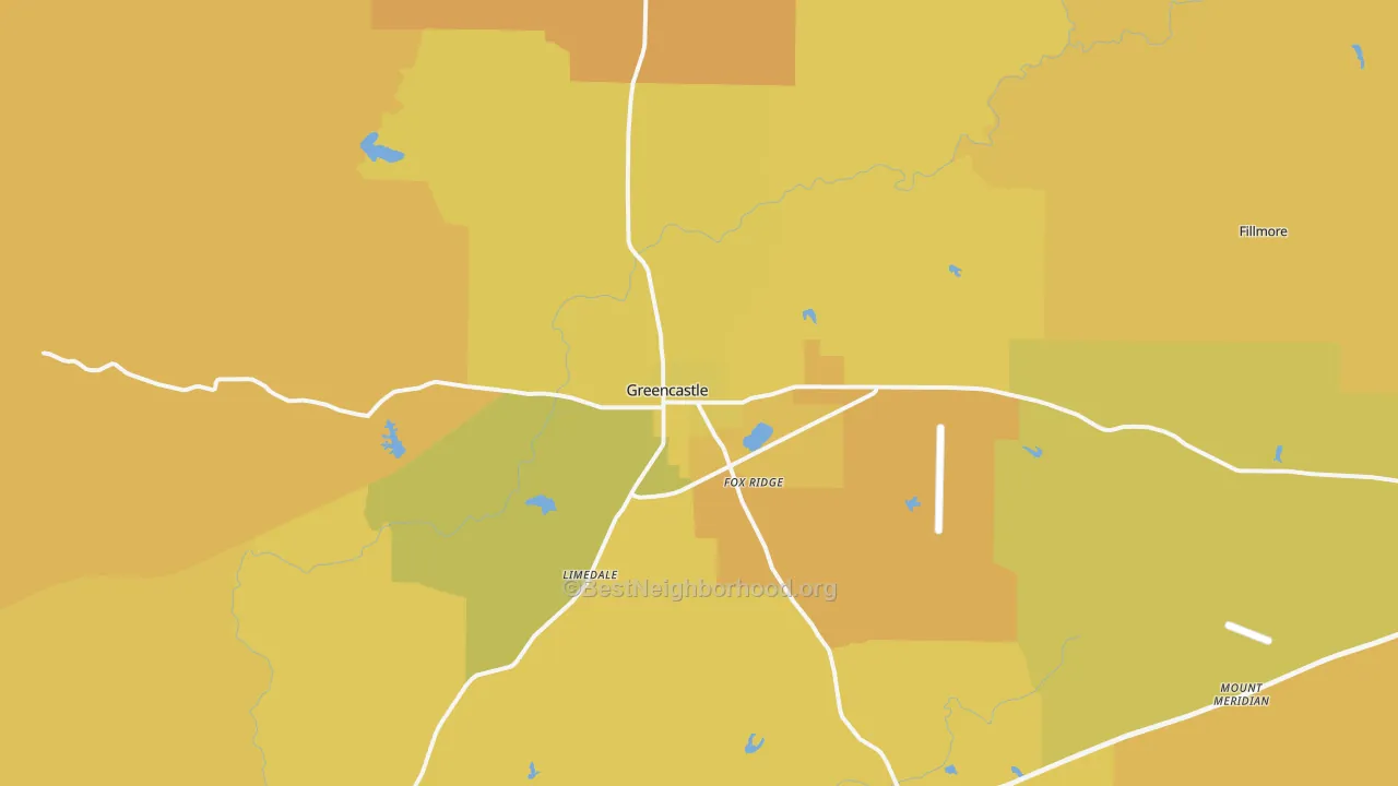 Map of the best neighborhoods in the Greencastle area, with better matches in green and worse matches in red