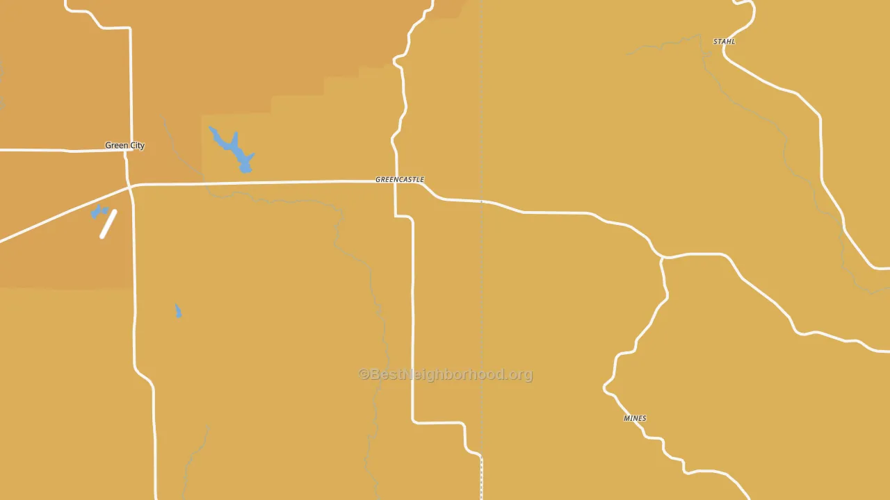 Map of the best neighborhoods in the Greencastle area, with better matches in green and worse matches in red