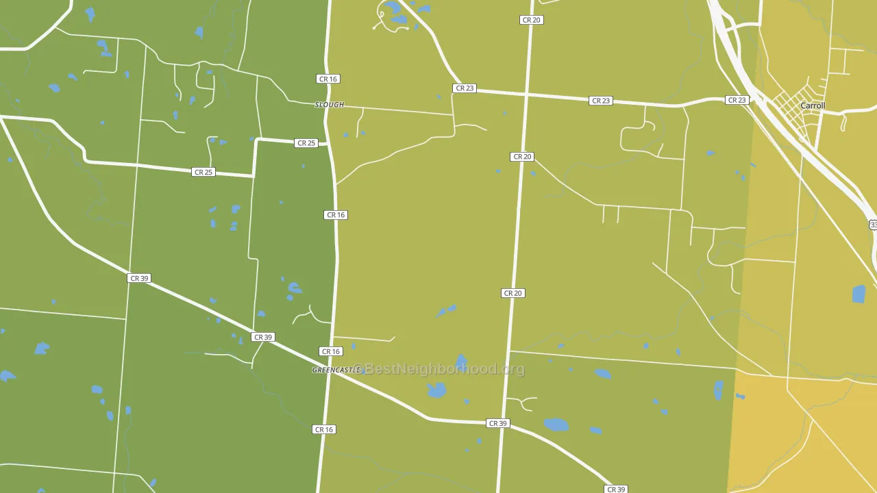 Map of the best neighborhoods in the Greencastle area, with better matches in green and worse matches in red