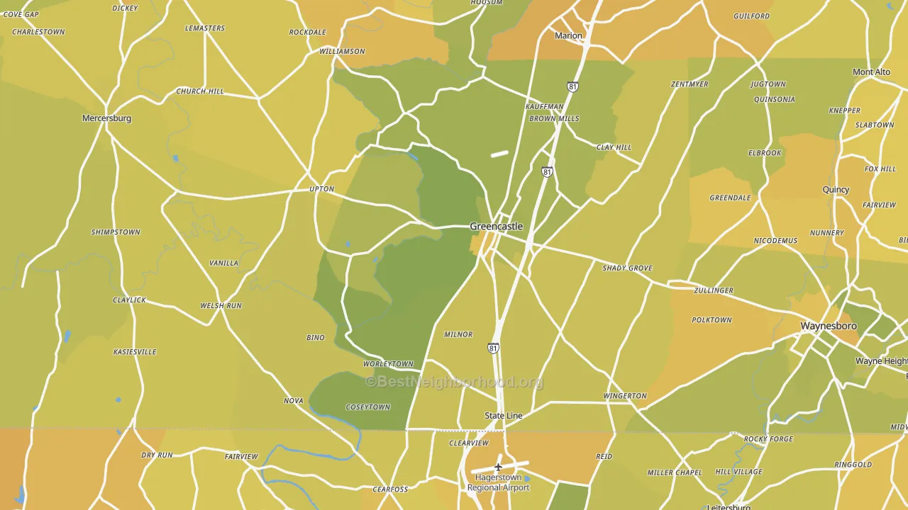 Map of the best neighborhoods in the Greencastle area, with better matches in green and worse matches in red