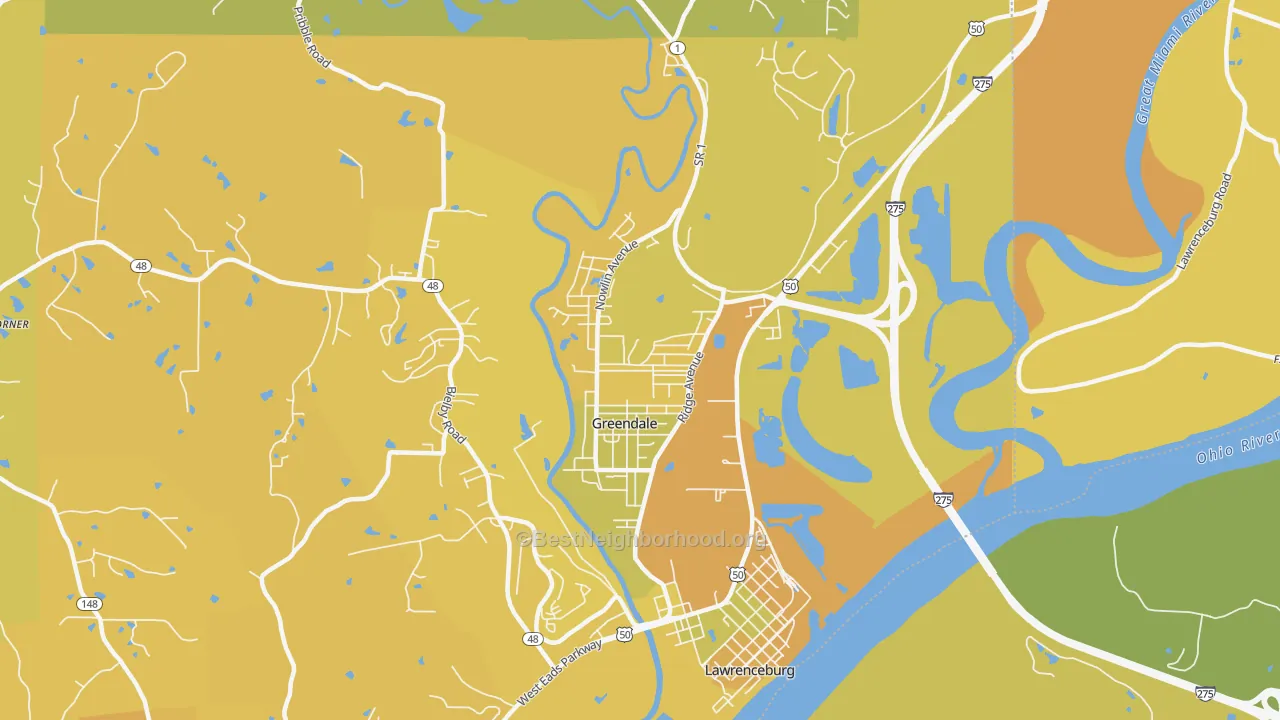 Map of the best neighborhoods in the Greendale area, with better matches in green and worse matches in red