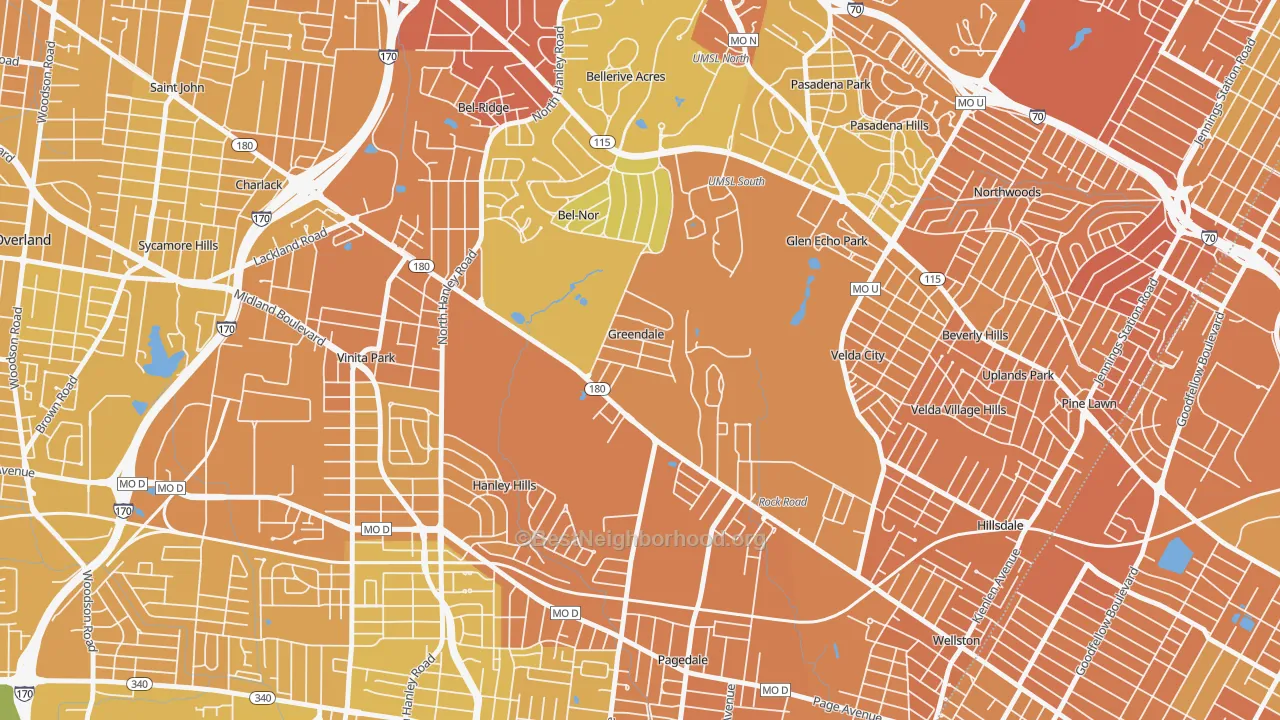 Map of the best neighborhoods in the Greendale area, with better matches in green and worse matches in red