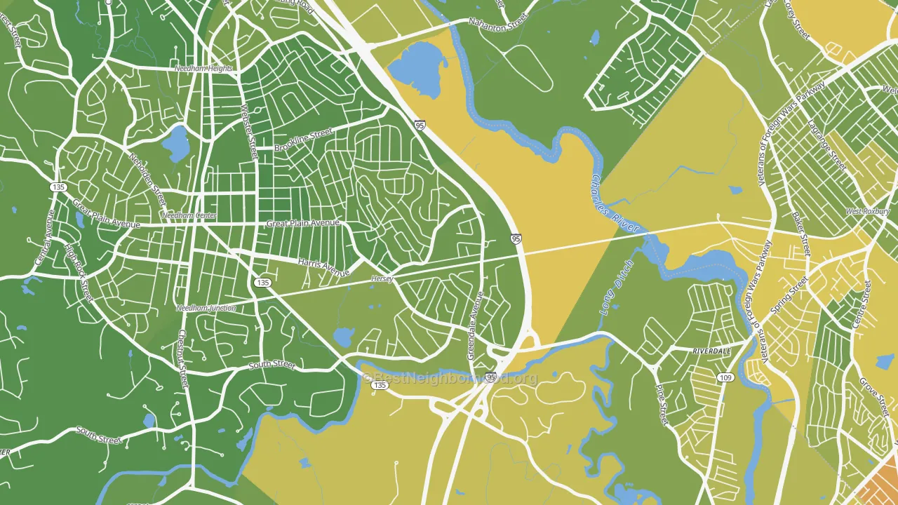 Map of the best neighborhoods in the Greendale Village, Needham area, with better matches in green and worse matches in red