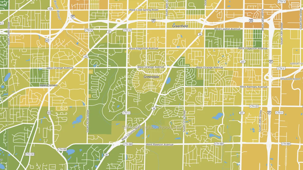 Map of the best neighborhoods in the Greendale area, with better matches in green and worse matches in red
