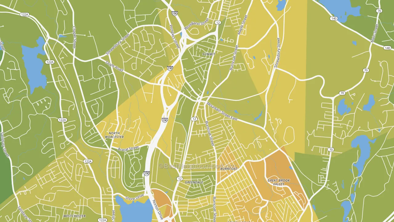Map of the best neighborhoods in the Greendale, Worcester area, with better matches in green and worse matches in red