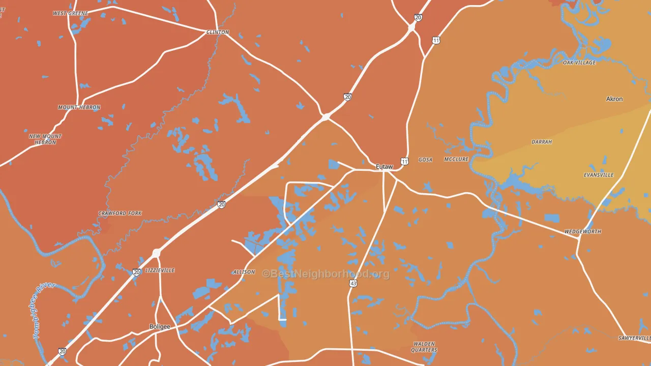 Map of the best neighborhoods in the Greene County area, with better matches in green and worse matches in red