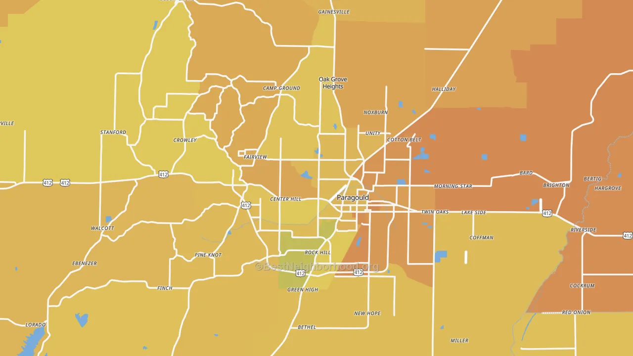 Map of the best neighborhoods in the Greene County area, with better matches in green and worse matches in red