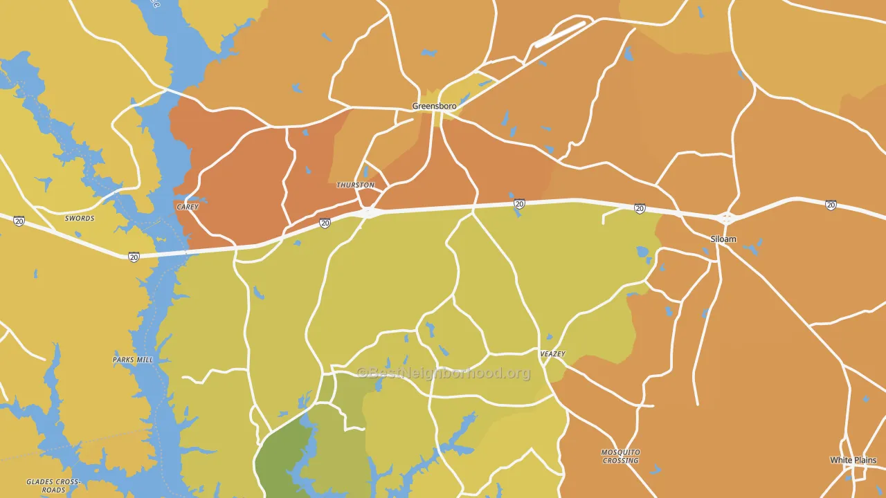 Map of the best neighborhoods in the Greene County area, with better matches in green and worse matches in red
