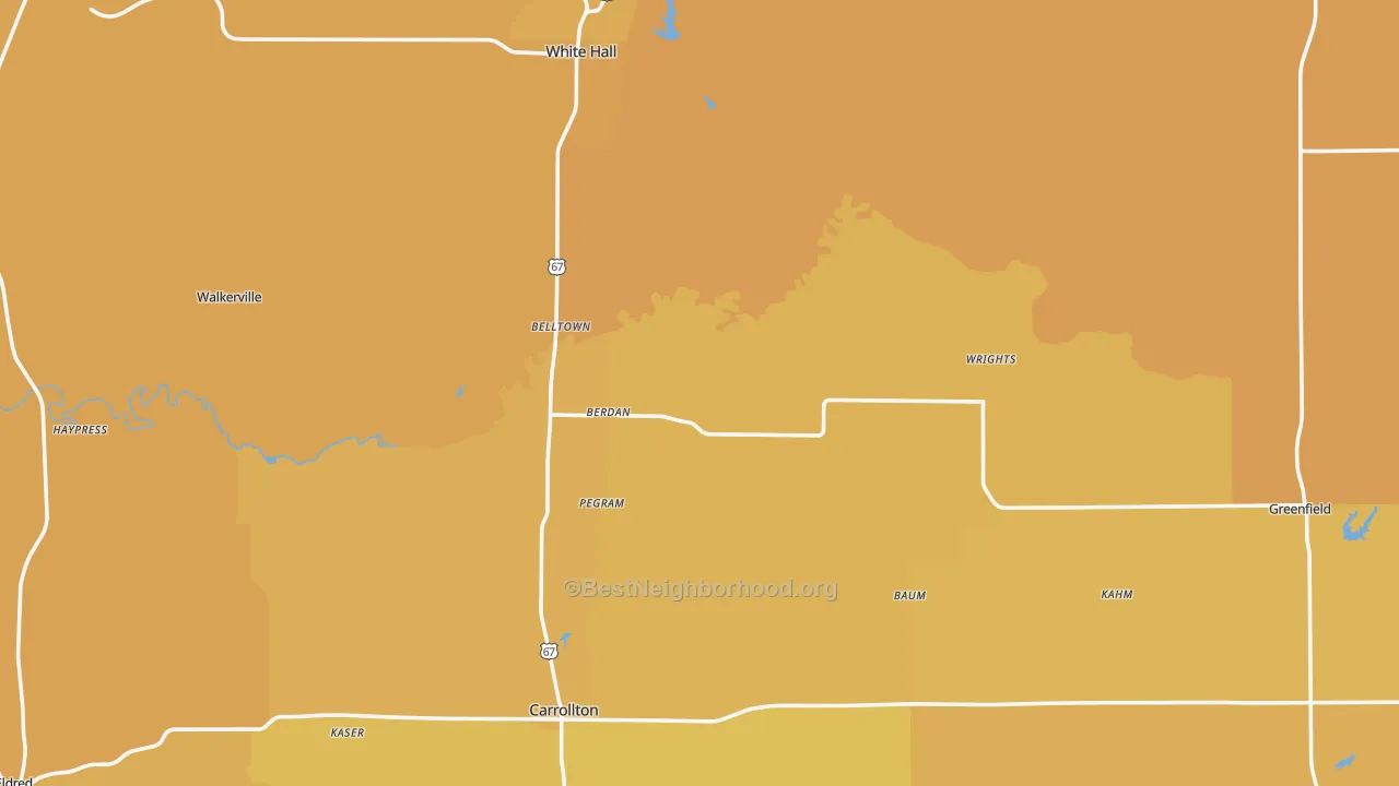 Map of the best neighborhoods in the Greene County area, with better matches in green and worse matches in red
